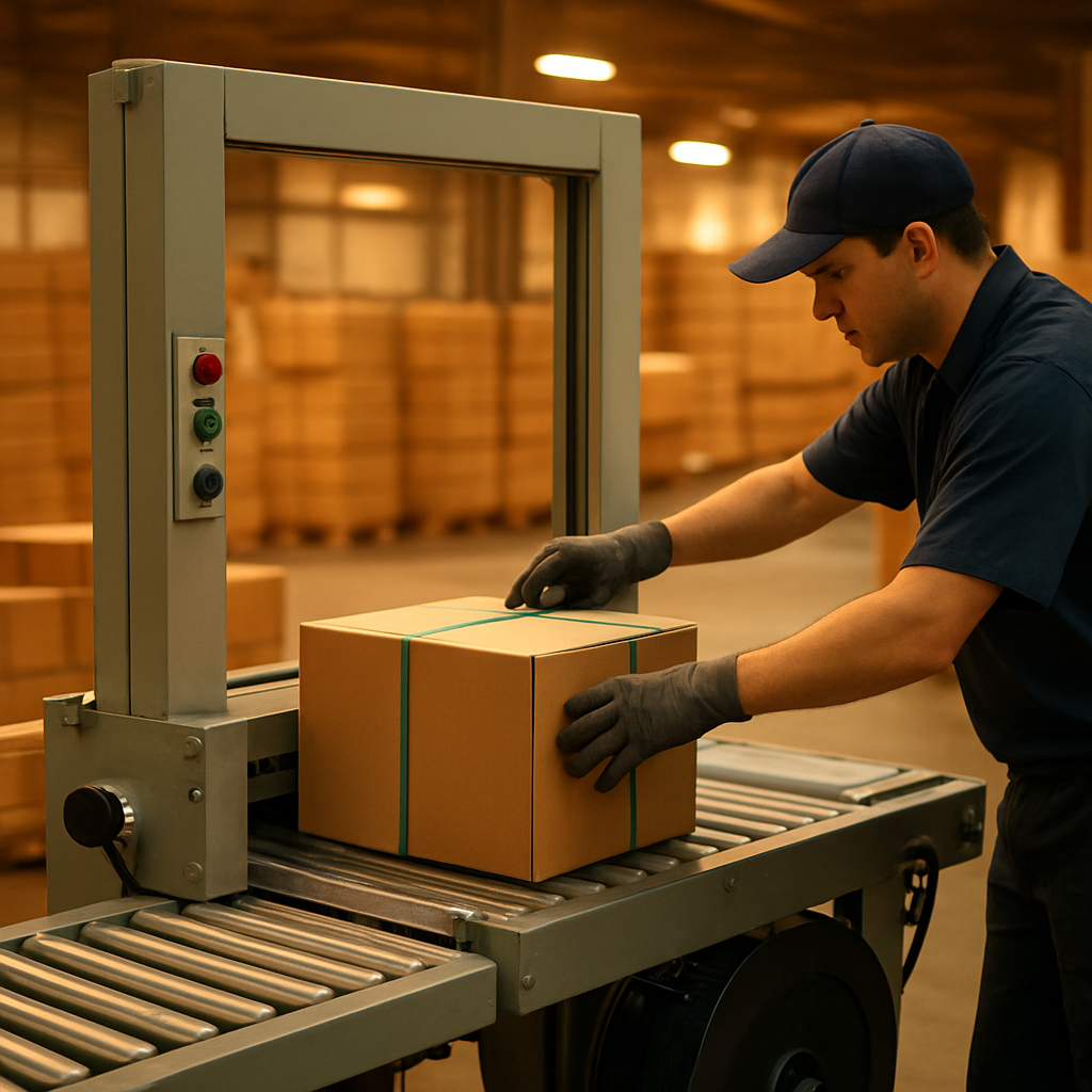 Automatic strapping machine actively used on a factory packaging line